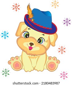 Cute puppy with blue Oktoberfest hat.Cartoon style hand drawn vector illustration.