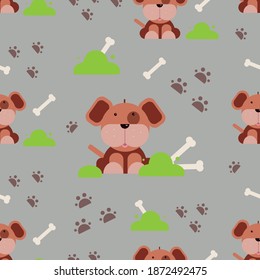 
cute puppy with bone and footprints, seamless pattern