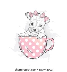 Cute puppy with bow sits in a cup. Vector illustration for a card or poster. Funny dog.