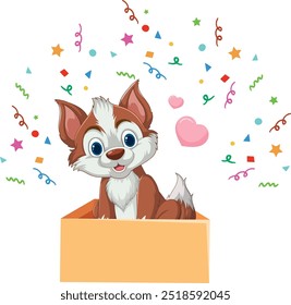 Cute puppy in a box with confetti