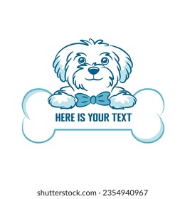 Cute puppy boy holding a bone, hand drawn vector illustration. Vector illustration for logo, banner.