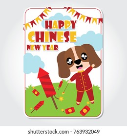 Cute puppy boy plays firecrackers on the garden vector cartoon illustration for Chinese New Year card design, postcard, and wallpaper