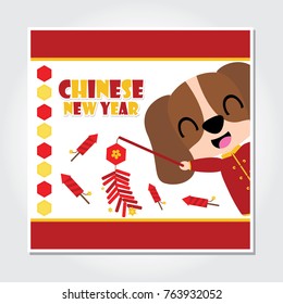 Cute puppy boy plays firecrackers and rocket fireworks vector cartoon illustration for Chinese New Year card design, postcard, and wallpaper