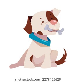 Cute Puppy with Brown Spot and Blue Collar Sitting with Bone Vector Illustration