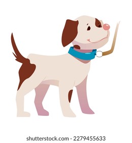 Cute Puppy with Brown Spot and Blue Collar Leading by Leash Vector Illustration