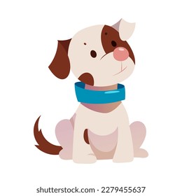 Cute Puppy with Brown Spot and Blue Collar in Sitting Pose Vector Illustration