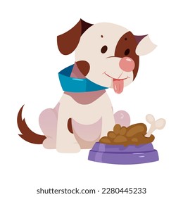 Cute Puppy with Brown Spot and Blue Collar at Feed Bowl Vector Illustration