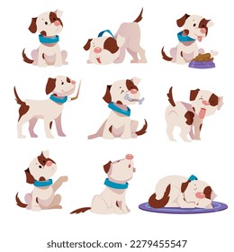 Cute Puppy with Brown Spot in Different Pose Vector Set