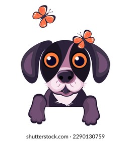 Cute puppy and butterflies, isolated on white background, cartoon character, vector illustration. 