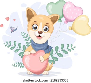 Cute puppy with a butterfly, hearts and balloons