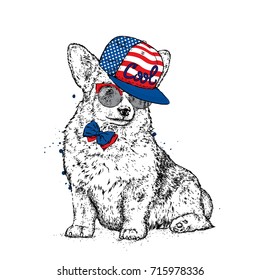 Cute puppy in a cap and glasses. Vector illustration for a postcard or a poster, print for clothes. Pedigree dog. Welsh Corgi.