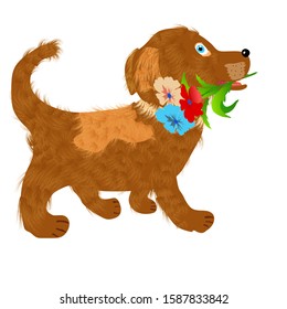 Cute puppy carrying a bouquet of flowers. Vector illustration isolated on white background.