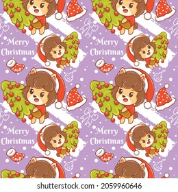 cute puppy cartoon character Christmas seamless pattern