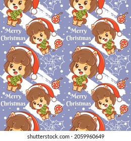 cute puppy cartoon character Christmas seamless pattern