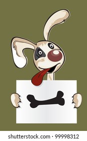 Cute puppy in cartoon style holding a sign saying : "Give me a bone!"
