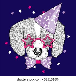 Cute puppy in a celebratory cap and funny glasses. Vector illustration. Postcard or poster, print on clothes. A party.