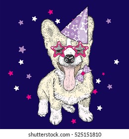 Cute puppy in a celebratory cap and funny glasses. Vector illustration. Postcard or poster, print on clothes. A party.