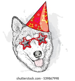 Cute puppy in a celebratory cap and funny glasses. Vector illustration. Postcard or poster, print on clothes. A party.