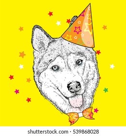 Cute puppy in a celebratory cap and funny glasses. Vector illustration. Postcard or poster, print on clothes. A party.