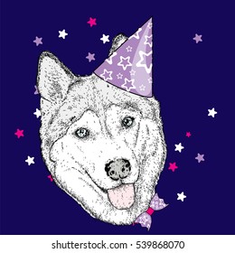 Cute puppy in a celebratory cap and funny glasses. Vector illustration. Postcard or poster, print on clothes. A party.
