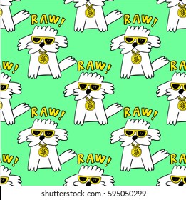 cute puppy character on a green background, seamless pattern for decoration, textile design, fabrics prints, wrapping paper, scrapbook paper
