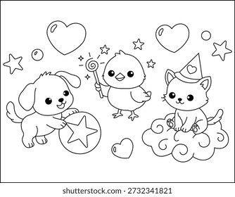 Cute Puppy Chick Wizard and Cat on Cloud Kawaii Fantasy Animals Coloring Page