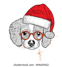 Cute puppy in a Christmas hat and sunglasses. Vector illustration.