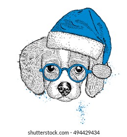 Cute puppy in a Christmas hat and sunglasses. Vector illustration.