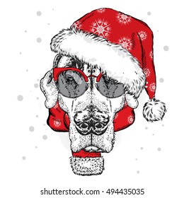 Cute puppy in a Christmas hat and sunglasses. Vector illustration for greeting card, poster, or print on clothes. Pedigree dog. Winter, Christmas and New Year.