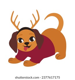 Cute puppy in Christmas sweater and deer horns on white backgrou
