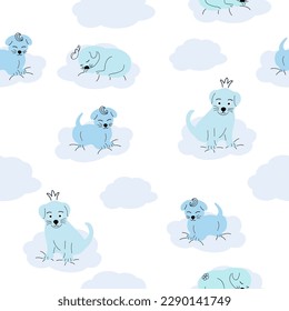 Cute puppy, clouds, stars, crown, butterflies Seamless pattern Gentle colors For newborns