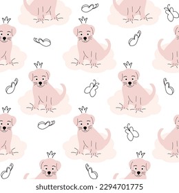 Cute puppy, clouds, stars, crown, butterflies Seamless pattern Gentle colors For newborns