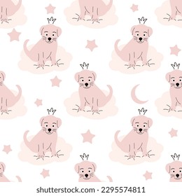 Cute puppy, clouds, stars, crown, butterflies Seamless pattern Gentle colors For newborns
