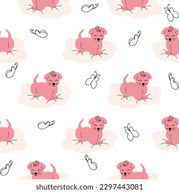 Cute puppy, clouds, stars, crown, butterflies Seamless pattern Gentle colors For newborns