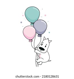 A cute puppy with color balloons. Vector illustration for designs, prints and patterns. Isolated on white background. Postcard in children's cartoon style.