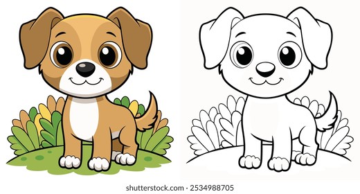 Cute Puppy Coloring Page For Kids Printable. Baby Dog In Garden Cartoon Outline Vector. Animal Cartoon Illustration