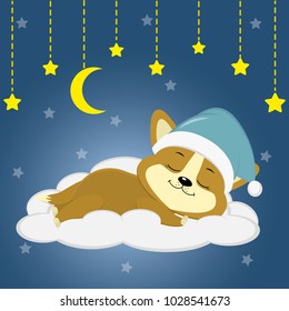 Cute puppy Corgi in a green hat sleeping sleep on a cloud against a background of the night sky, moon and stars.