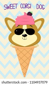 Cute puppy Corgi in the image of ice cream. Sits in a waffle cone on his head, glaze and a berry, against a background of stripes in the style of a cartoon. Flat, vector.