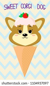 Cute puppy Corgi in the image of ice cream. Sits in a waffle cone on his head, glaze and a berry, against a background of stripes in the style of a cartoon. Flat, vector.