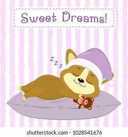 Cute puppy Corgi, in a pink hat, sleeps on a pillow and keeps a bear, on a striped background.
