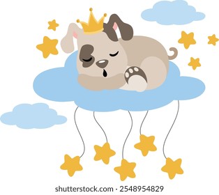 Cute puppy with crown sleeping on cloud with stars