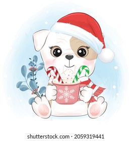 Cute puppy with a cup of hot chocolate, Christmas and New Year illustration