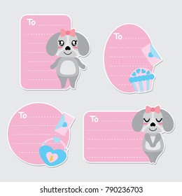 Cute puppy, cupcake, and heart padlock vector cartoon illustration for Valentine gift tags design, postcard and sticker set