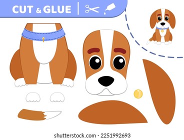 Cute puppy. Cut and glue. Gog. Application work. Paper education game. Flat, cartoon. Isolated vector illustration eps 10