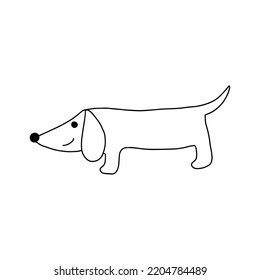 Buen cachorro dachshund. Personaje de perro dibujado a mano. Borde negro. Divertido perro aislado en un fondo blanco. Ilustración vectorial. Arte de línea Doodle