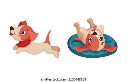 Cute puppy daily routine set. Adorable little pet animal jumping and lying cartoon vector illustration
