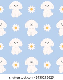 Cute puppy and daisy flower seamless pattern. Vector illustration. 