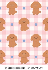 Cute puppy and daisy flower seamless pattern. Vector illustration. 