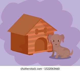 cute puppy dog animal baby with house vector illustration design