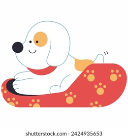 Cute puppy in dog bed vector cartoon illustration isolated on a white background.